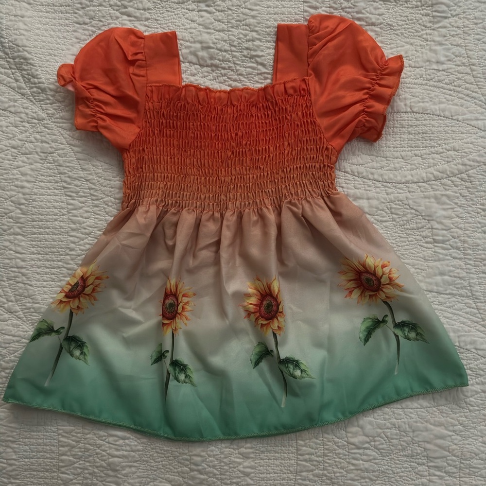 Sunflower Print Orange and Green Kids Dress